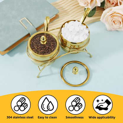 Luxury Gold Sugar Bowl Set with Spoons, 3-Piece Retro 304 Stainless Steel Seasoning Box for Coffee Bar Decor, Elegant Condiment Pots with Clear Glass Lid & Serving Tray for Salt, Candy, Cube Sugar