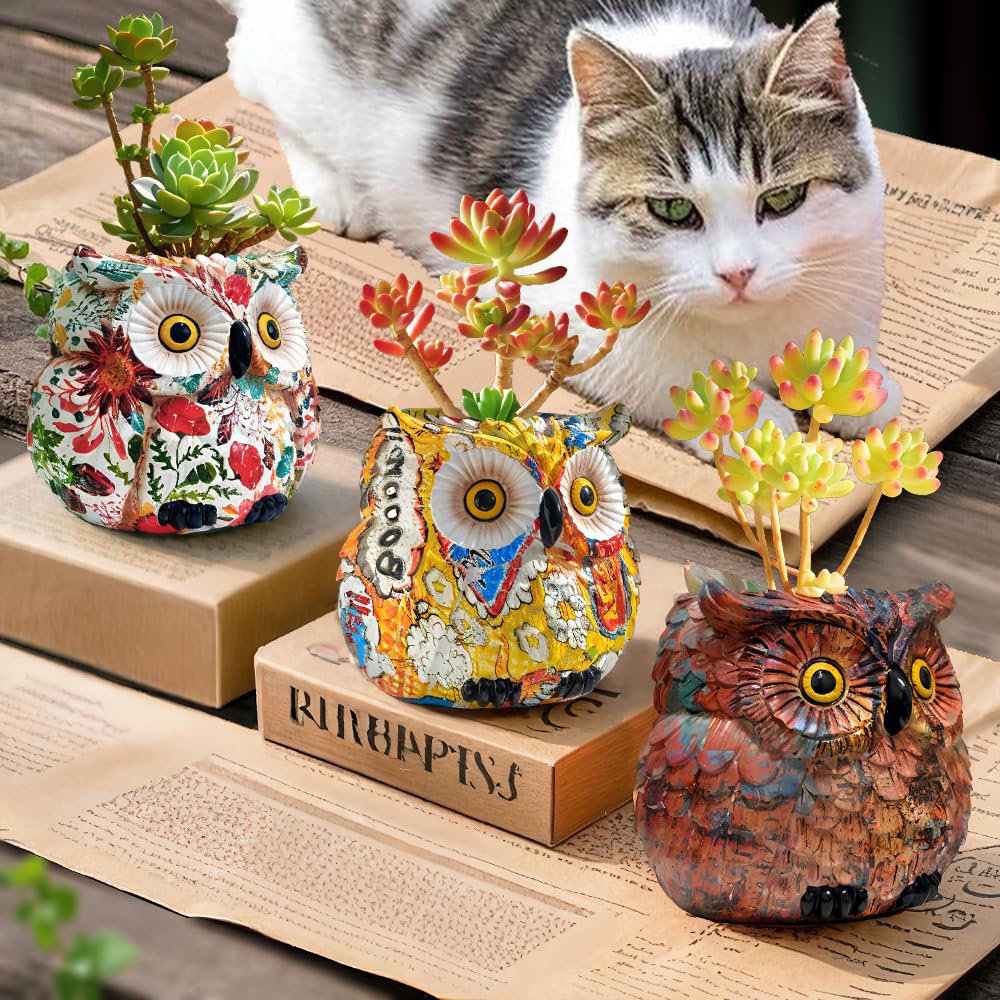 Midcentury Modern Decor Owl Planter, Bird Figurine Succulent Plant Pots for Plants, Small Sculptures Statue Flower Pot, Yellow Living Room Art Deco Planters Vase, Bookshelf Bedroom Home Decorations