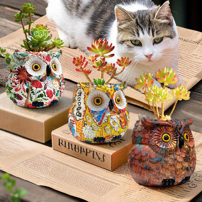 Midcentury Modern Decor Owl Planter, Bird Figurine Succulent Plant Pots for Plants, Small Sculptures Statue Flower Pot, Yellow Living Room Art Deco Planters Vase, Bookshelf Bedroom Home Decorations