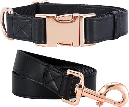 Dog Collar and Leash Set.Soft and Easy to Clean Vegan Leather with Rose Gold Metal Buckle for Small Medium Large Dogs (Black, M(13.8"-19.7"))