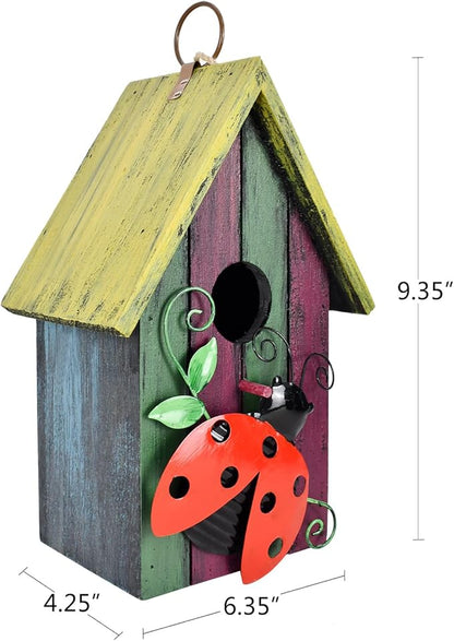 Wood Bird Houses for Outside, Hanging Bluebird House Nest Box Garden Patio Outdoor Decorative Bird Houses Vintage Rustic Wooden Birdhouse Bird Box Home for Finch Wren Chickadee Cardinals (Ladybug)