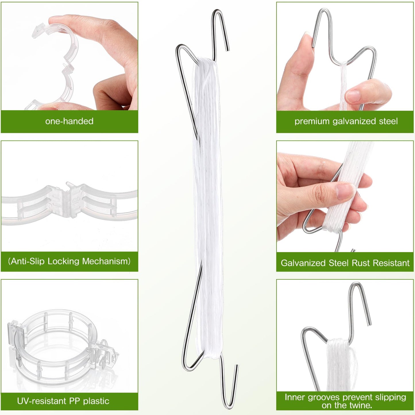 Hushee 100 Pack Tomato Hooks with 200 Garden Clips & 32.8ft String, Tomato Hooks for Climbing Plants, Heavy Duty Plant Support Kit for Greenhouse, Vegetable Plant Fruit Flower