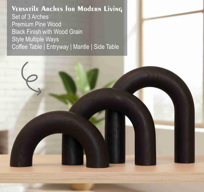ANONYO 3Pcs Wooden Arches Decorative Object for Coffee Table Boho Shelf Decor Arch Design for japandi Home Aesthetic Shelf Neutral Home Accents (Black Stain)