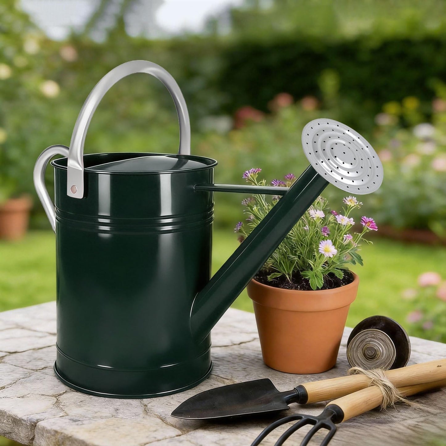 Metal Watering Can for Outdoor Plants, 1.7 Gallon Dark Green Garden Watering Can for Flower, Houseplants, Galvanized Finish