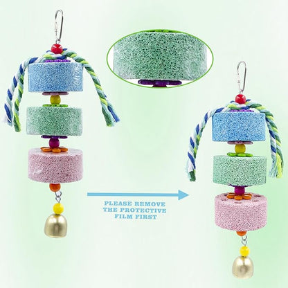 Mineral Block Chew Toys with Colorful Beads and Bell, Bird Beak Grinding Stone, Cage Accessories for African Grey, Budgies, Cockatiels, Small to Medium Birds