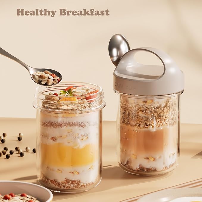 2Pack Overnight Oats Containers with Lids and Handle,14 oz Airtight Oatmeal Container,Mason Jars with Lid for Cereal,Milk,Fruit,Yogurt,On The Go Container,Salad Jars,Glass Jars (Blue)