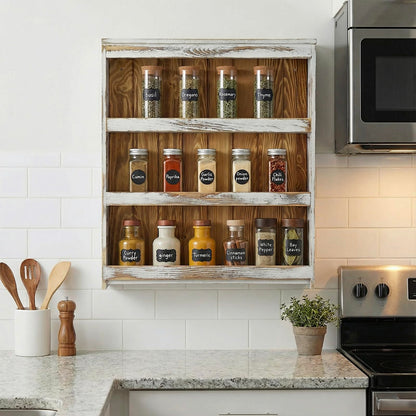 MyGift 3 Tier Spice Rack Wall Mount, Hanging Kitchen Pantry Storage Shelf for Seasoning Jars or Condiment Bottles, Shabby White Washed and Rustic Natural Burnt Solid Wood
