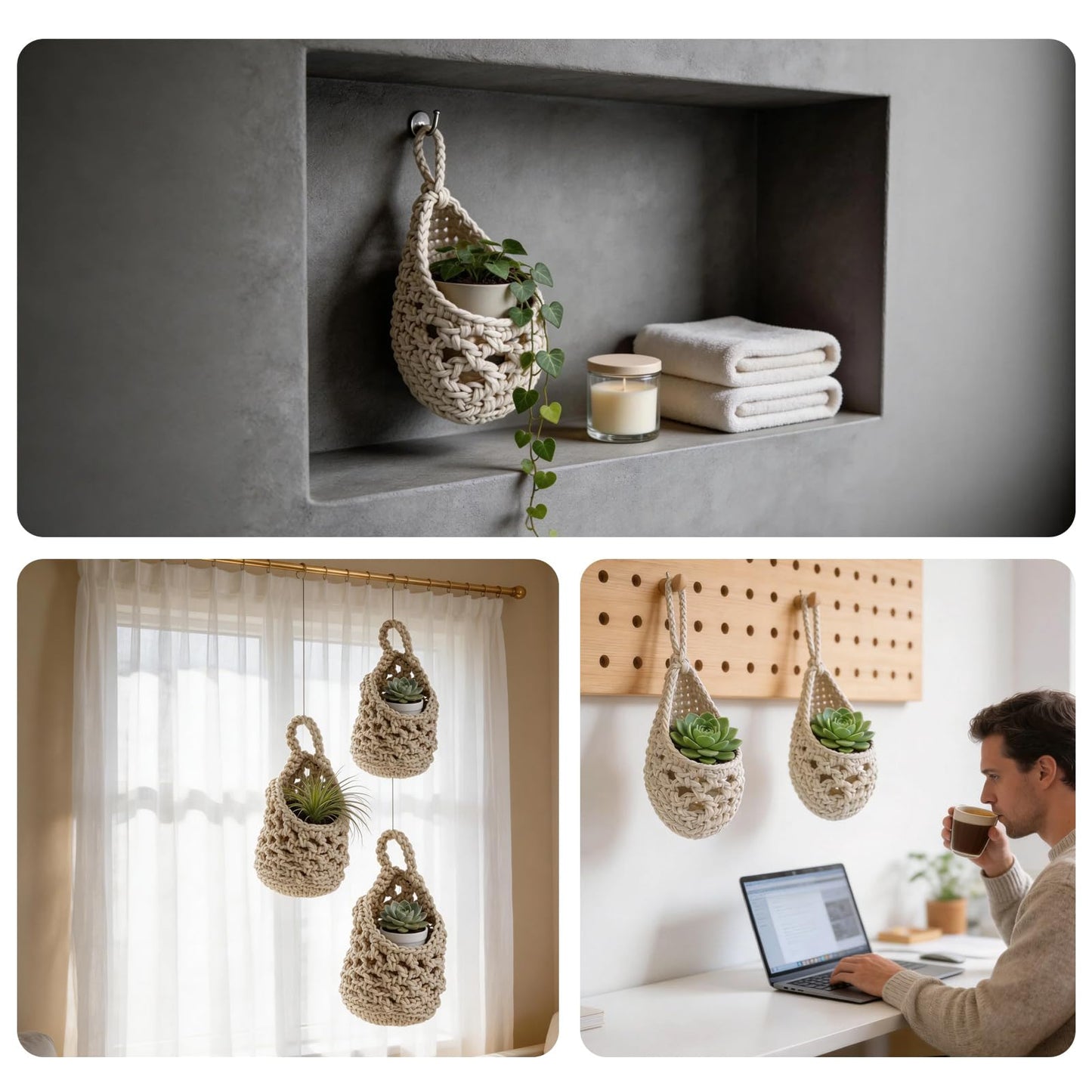 DHSUN Plant Hanger Indoor, Macrame Plant Hanger for Small Potted Plants Succulents, Fits Up to 2.6 Inch Flower Pot(Ivory, 3 Pack)