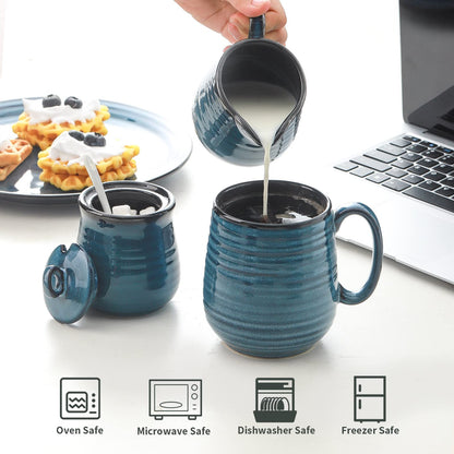 Hasense Sugar and Creamer Set, 3 Pieces with 11 Ounce Sugar Bowl with Lid and Spoon, 10 Ounce Creamer Pitcher, Ceramic Milk Pitcher and Sugar Pot for Coffee Bar, Coffee Serving Set, Navy Blue