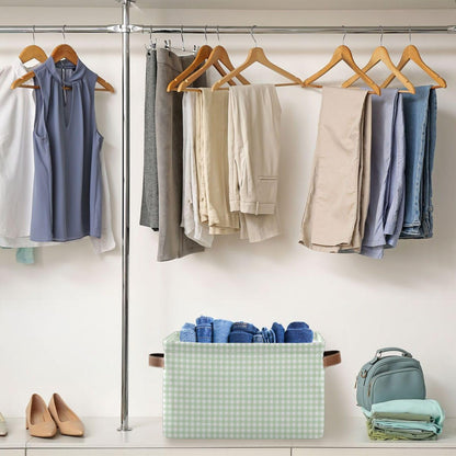 JUZIHAI Green Gingham Checkered Storage Basket, Collapsible Canvas Storage Organizer Bins with Handles for Toys Clothes Closet Shelves Nursery Office, 14.2x10.2x8.3 in