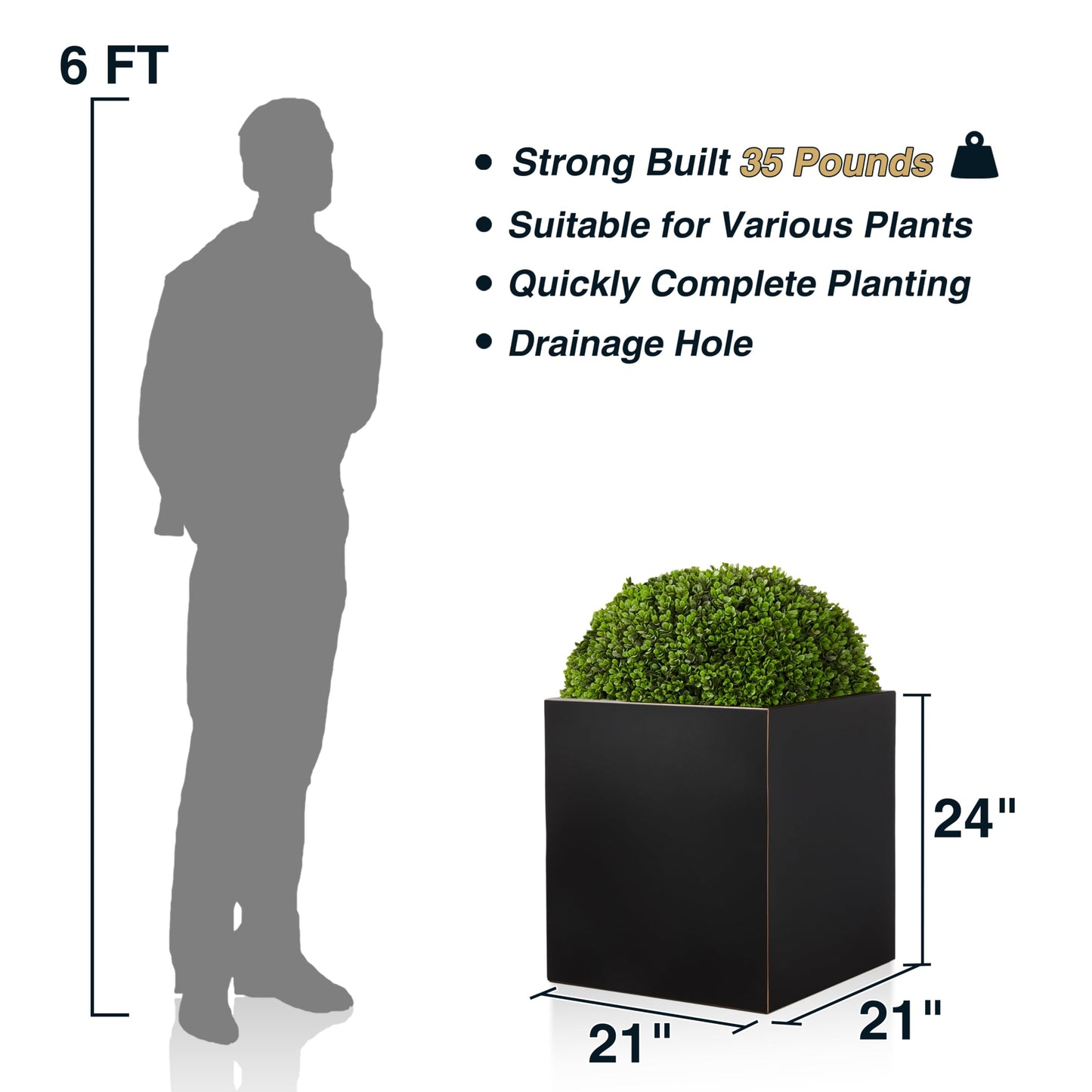 Wallowa Metallic Heavy Cube Planter Box, No Assemble, Seamless Large Square Planter for Trees, Plants and Flowers 21”Lx21”Wx24”H 35Pounds Black with Hand Brushed Gold Rim