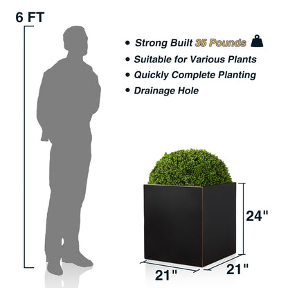 Wallowa Metallic Heavy Cube Planter Box, No Assemble, Seamless Large Square Planter for Trees, Plants and Flowers 21”Lx21”Wx24”H 35Pounds Black with Hand Brushed Gold Rim