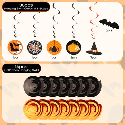 AYOGU 30 Pieces Halloween Decorations Party Hanging Swirl, Witches Hat, Bats, Spider, Ceiling Hanging Party Favor Indoor Decoration Plastic Streamer