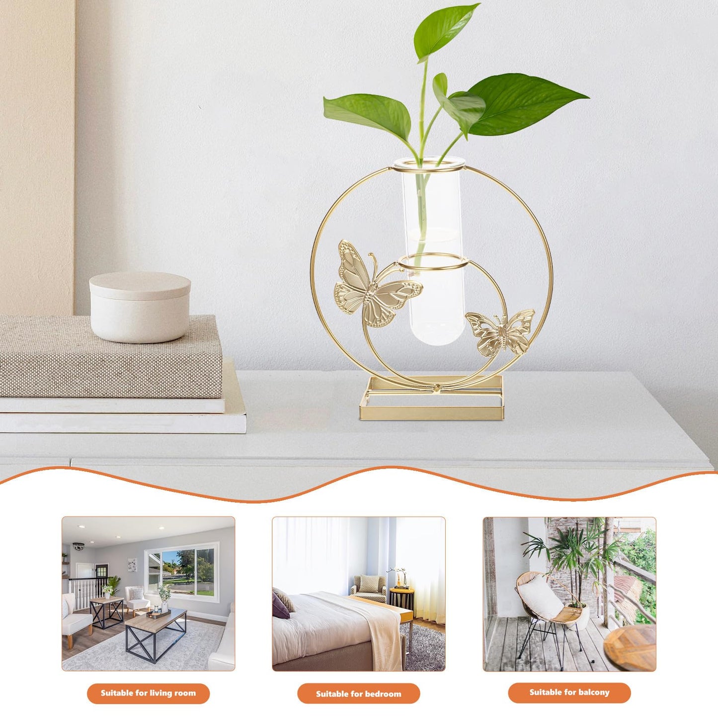 BESPORTBLE Hydroponic Desktop Vase Ornament with Butterfly Pattern, Round Glass Plant Terrarium, Metal Framed Flower Vase for Home Décor and Living Room Table Display