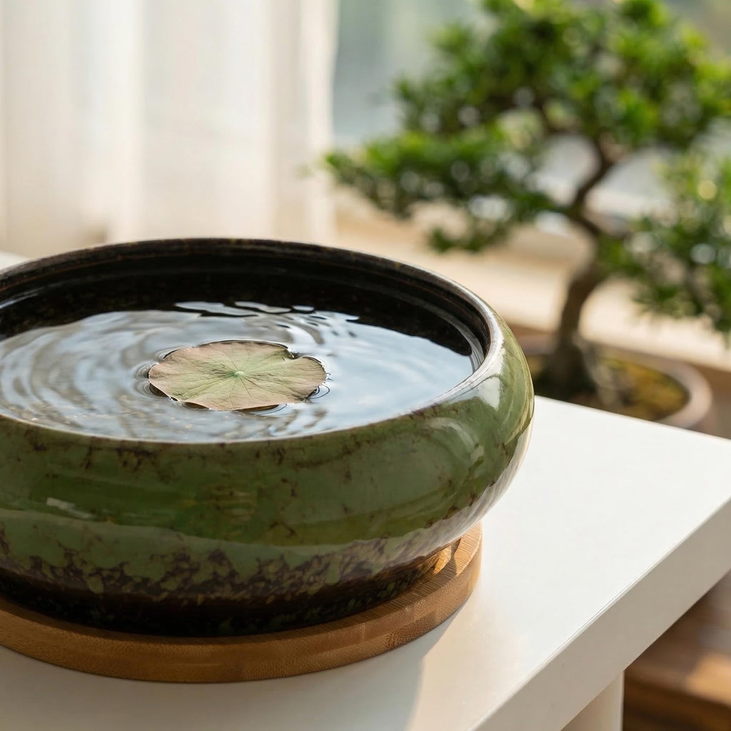 DECHOUS Ceramic Lotus Bowl Planter 7 Inch Round Shallow Succulent Planter Glazed Flower Plants Pot with Bamboo Tray for Lotus Seeds, Bonsai, Home Indoor Decor