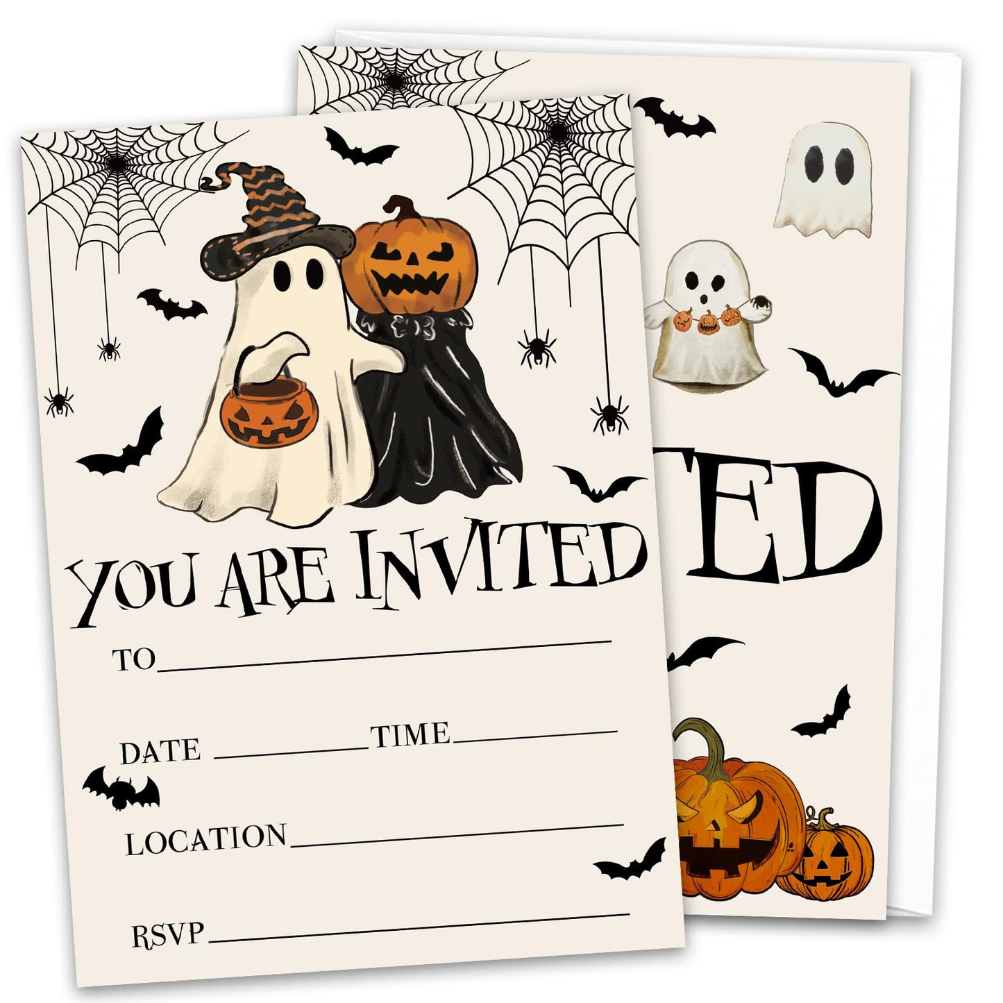 JarThenaAMCS 25 Sets Halloween Party Invitations with Envelopes Stickers Beige Black Pumpkin Ghost Bat Invites for Halloween Celebration, 5 x 7 Inch