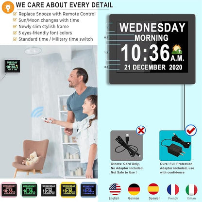 MASSII 8 Inch Large Dementia Clock 28 Alarms with Auto DST, 20 Custom Reminders,10 Levels Auto Dimmer, 6 Display Modes, Digital Clock with Date and Time, 8" Black with Remote