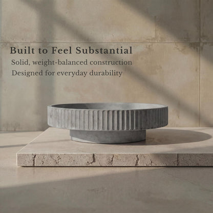 JUPTR Concrete Fruit Bowl (12") – Shallow Fluted Pedestal Decorative Centerpiece Bowl for Table, Entryway Catch-All & Modern Home Decor – Heavyweight Stone Bowl (Natural)