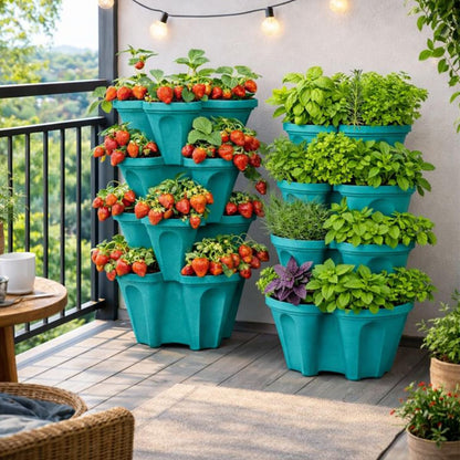 smart spring Large Vertical Planter Tower, 4 Tier Stackable Garden Planter, 16 Plant Sites, Heavy Duty Strawberry Planter, Vertical Growing System with Center Hole, Made in USA (Mineral Teal, Large)