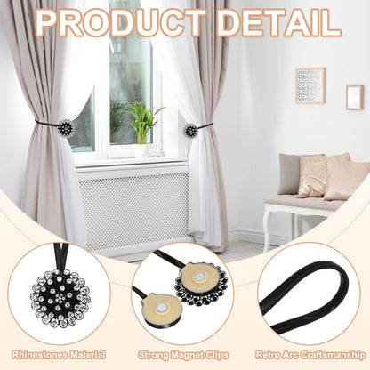 PATIKIL Magnetic Curtain Tie Backs, 2 Pack Sparkling Crystal Flower Curtain Tiebacks Drapery Holdbacks Buckle for Home Office Cafe Balcony, Black
