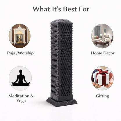 KC KULLICRAFT Handmade Marble Black Soapstone Incense Stick Burner | Candle Stick Holder | Tea Light Burner - Perfect Jaali Carving for Gifting. Decorative Home and Kitchen Decor (3 x 3 x 11 Inches).
