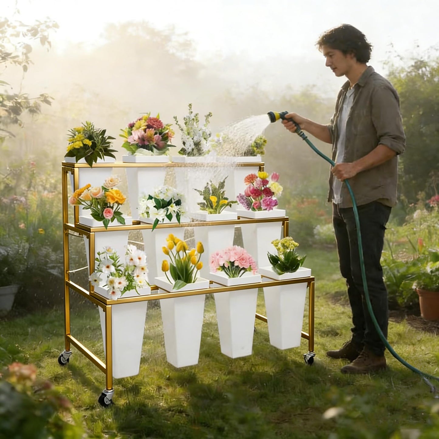 Flower Display Stands With Buckets, With 12pcs Buckets, 3-Tier Rolling Flower Bar,Heavy Duty Metal Flower Cart,For Indoor/Outdoor Use, Wedding Decor & Florist Displays (B - Gold frame, white bucket)