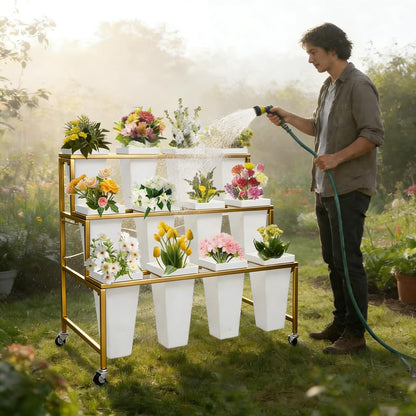 Flower Display Stands With Buckets, With 12pcs Buckets, 3-Tier Rolling Flower Bar,Heavy Duty Metal Flower Cart,For Indoor/Outdoor Use, Wedding Decor & Florist Displays (B - Gold frame, white bucket)