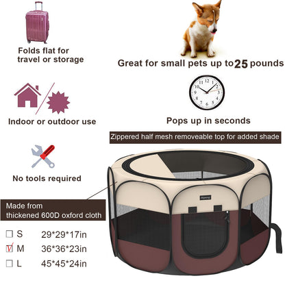 Portable Pet Playpen, 8-Panel Indoor/Outdoor Puppy Pen with Shade Cover & Travel Bag - Waterproof Dog Cat Tent Includes Collapsible Bowl