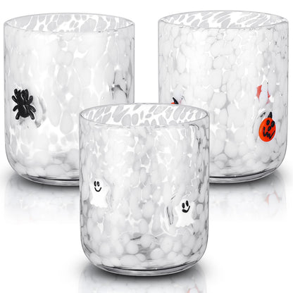 Reallnaive 3 Pcs Halloween Drinking Glasses Cups 14 oz Ghost Pumpkin Spider Icon Juice Glass Cups Halloween Stemless Wine Glasses for Holiday Drinkware Friends Lovely Gifts Party Decoration