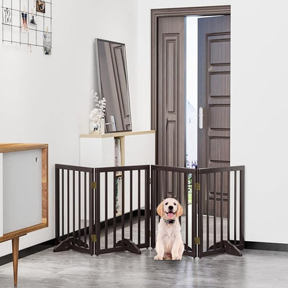 Semiocthome Freestanding Dog Gates for The House Extra Wide with 4 Panels and 4 Support Feet, 24" H Foldable Pet Gate for Stairs, Wooden Expansion Doggy Gates for Doorways, Fit Opening Up to 74" W