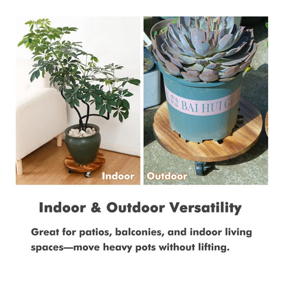 4 Pack Plant Caddy with Wheels Heavy Duty 12 Inch Wooden Plant Stand with Wheels Plant Dolly Rolling Plant Stand Plant Roller with Casters for Indoor and Outdoor with 4 Pack Plant Saucers, Round