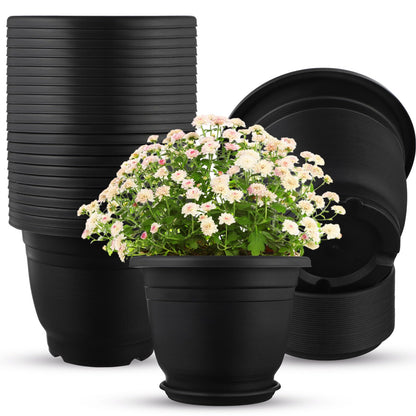 Sunnychicc 12 Pack 10'' Plastic Plant Pots Round Planter Pots with Saucer Tray Seedling Pot Hole Seed Resin Plant Pot Starting Nursery Flower Container with Pallet for Garden Outdoor Indoor(Black)