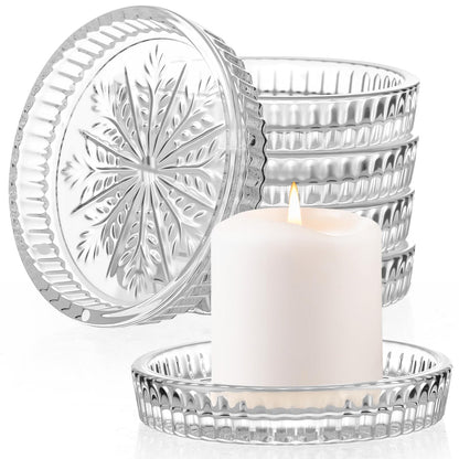Ferrochef 6 Pcs Round Glass Candle Holder, 3.74 Inch Clear Winter Snowflake Candle Plate Crystal Votive Candles Coasters for Christmas Winter Weddings Party Holiday Birthday Home Table Decor