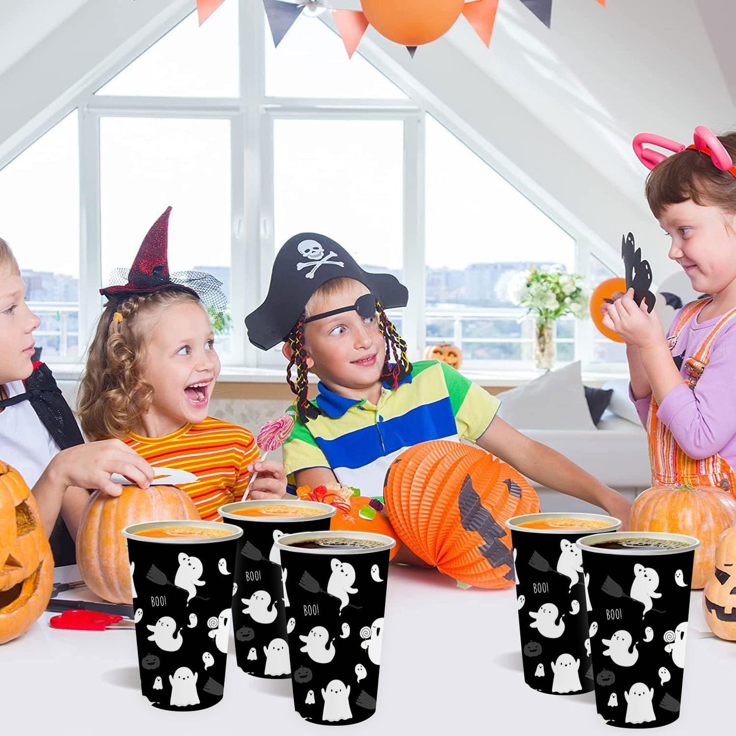AIBIIN 50 PCS Halloween Party Paper Cups 16 oz Black White Ghost Coffee Cups Cute Halloween Disposable Cold Hot Chocolate Paper Coffee Cup Decorations Boo Ghost Table Party Supplies Decorations