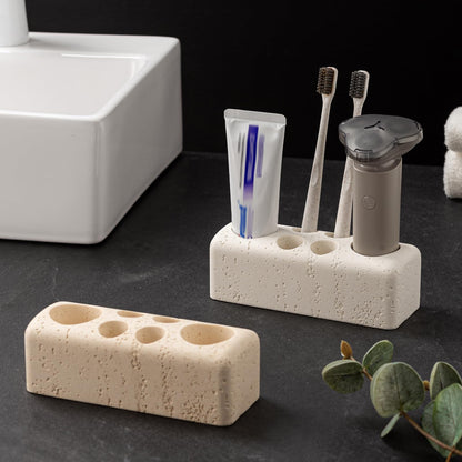 Haocoott Toothbrush Holder with 6 Slots, Bathroom Electric Toothbrush and Toothpaste Holder Set, Bathroom Organizer for Countertop, Shower, Vanity, Travertine Stone Look, Off-White