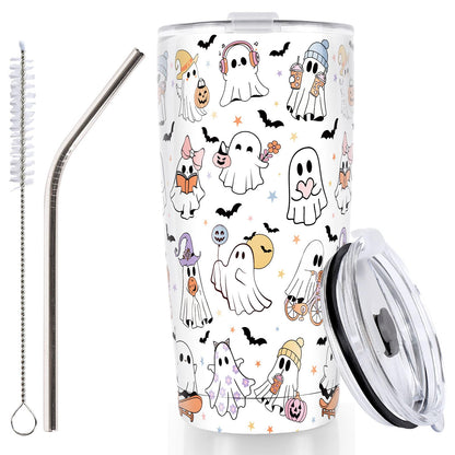 Whaline Halloween Ghost Tumbler 20oz Stainless Steel Travel Tumbler with Lid Straw Brush Cute Ghost Bat Coffee Mug Cup Halloween Boo Spooky Gifts for Women Travel Birthday Horror Gift