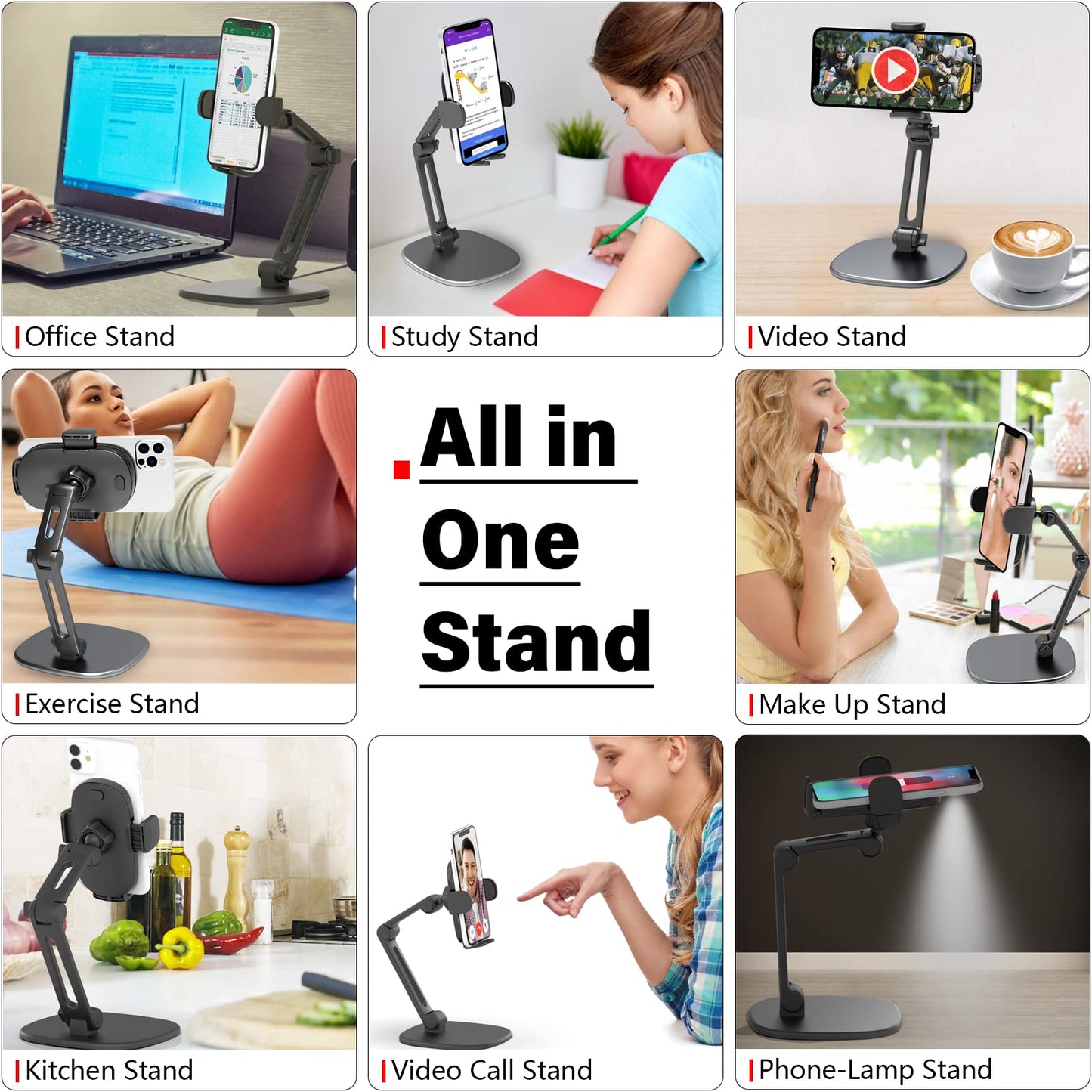 APPS2Car Phone Stand for Desk [No Dropping Stable Triple-Clamp Holder] Adjustable Height 360 Degree Rotation Heavy Base Thick Case Friendly, Multifunctional Cell Phones Stand for iPhone Android Phones