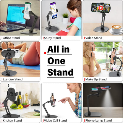APPS2Car Phone Stand for Desk [No Dropping Stable Triple-Clamp Holder] Adjustable Height 360 Degree Rotation Heavy Base Thick Case Friendly, Multifunctional Cell Phones Stand for iPhone Android Phones