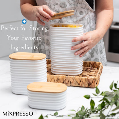 Mixpresso White Canisters Sets for the Kitchen – 3-Piece Airtight Plastic Sugar Container Set with Bamboo Lids in Three Different Sizes – Decorative Modern Storage Jars for Coffee, Tea & Countertops