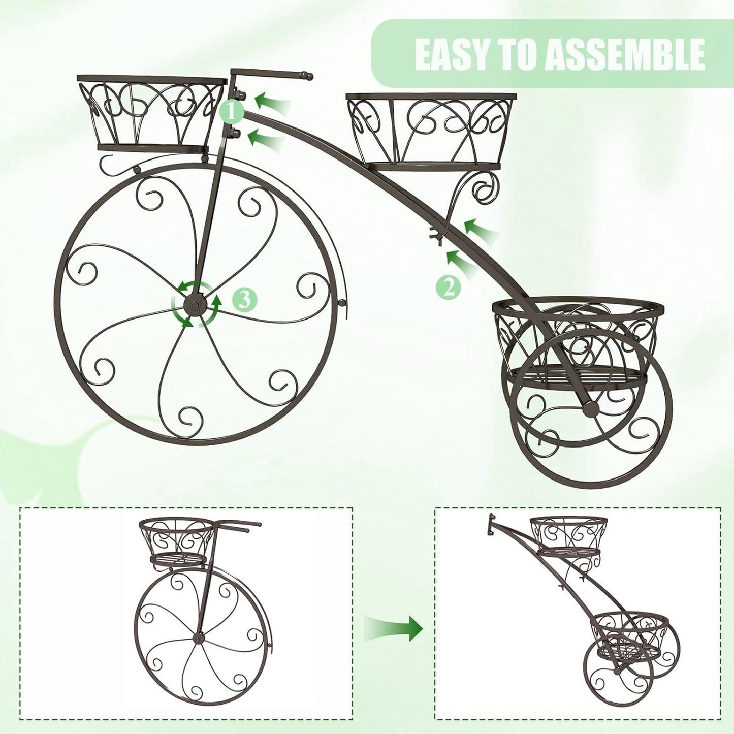 Metal Bicycle Plant Stand,3-Tier Tricycle Planter with Hollowed Baskets,Flower Display Stand Cart with 3 Decorative Wheels,Tricycle Plant Stand for Outdoor Indoor Home Balcony Backyard(Bronze)