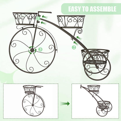 Metal Bicycle Plant Stand,3-Tier Tricycle Planter with Hollowed Baskets,Flower Display Stand Cart with 3 Decorative Wheels,Tricycle Plant Stand for Outdoor Indoor Home Balcony Backyard(Bronze)