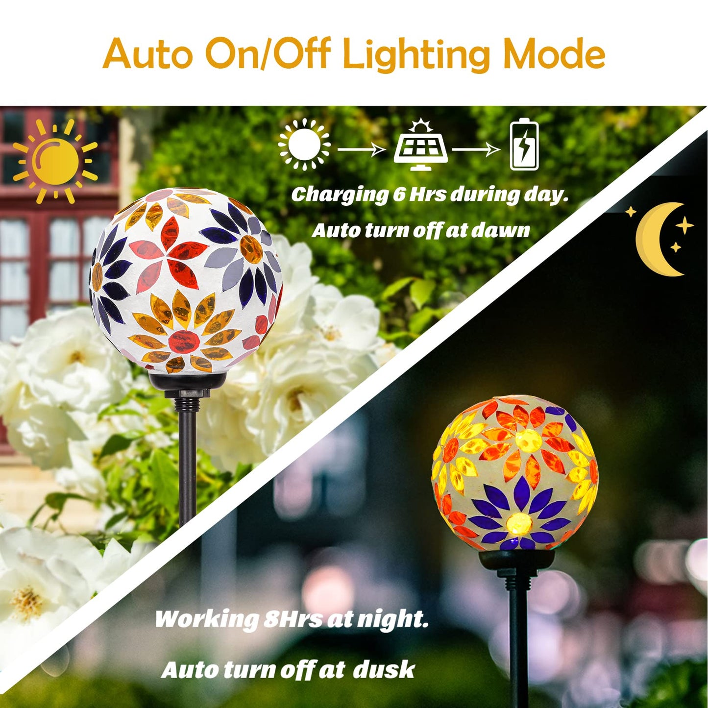 Afirst Solar Lights Outdoor Decorative - Solar Gazing Ball Mosaic Garden Stakes Flower Decorative Lights Waterproof for Pathway Yard Lawn Decoration Orange