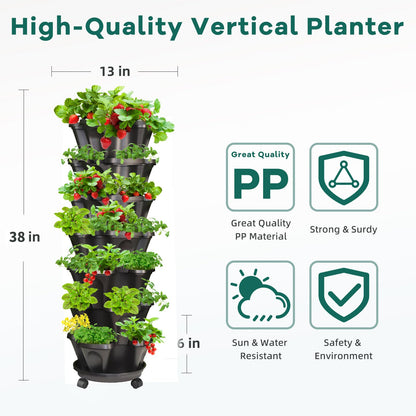 Tectsia Strawberry Vertical Planter 2 Pack, 7 Tiered Stacking Garden Tower, Stackable Herb Vegetable Planters with Support Pole Indoor Outdoor Black