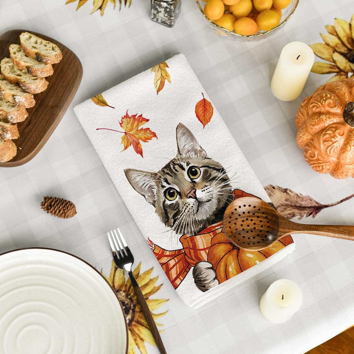 Artoid Mode Cat Pumpkin Hello Fall Kitchen Towels Dish Towels, 18x26 Inch Farmhouse Thanksgiving Scarf Maple Leaves Decoration Hand Towels Set of 2