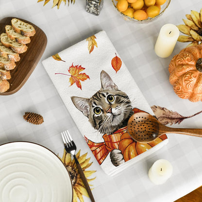 Artoid Mode Cat Pumpkin Hello Fall Kitchen Towels Dish Towels, 18x26 Inch Farmhouse Thanksgiving Scarf Maple Leaves Decoration Hand Towels Set of 2