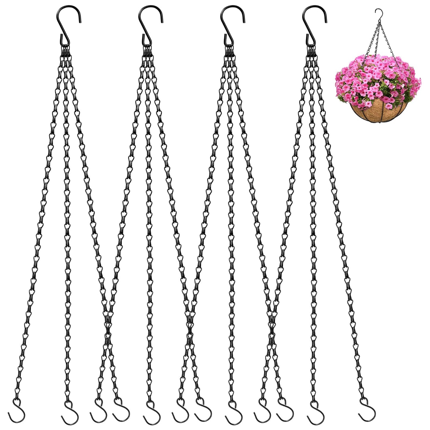 ZeeDix 4 Pack, 16 Inch Hanging Basket Chain with Hooks, Black Metal Planter Flower Pot Chain for Hanging Plants Outside, Adjustable Replacement Chain for Lanterns, Bird Feeders and Flowers