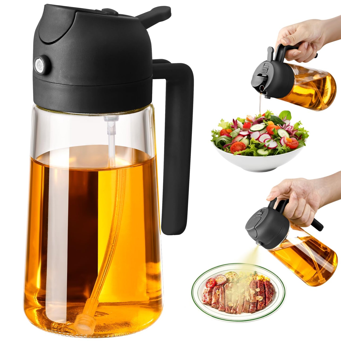 Olive Oil Sprayer for Cooking, 470ml 2 In 1 Glass Oil Dispenser/Pour Bottle, Kitchen Accessories, Kitchen Gadgets for Air Fryer, Salad, BBQ (Black)