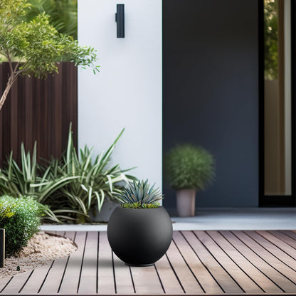 Kante Round Concrete Flower Pot, 11 Inch Dia (7.9" Opening) Sphere Shape Design Planter with Drainage Hole and Rubber Plug for Indoor & Outdoor Plants, Black Finish with Painted Interior