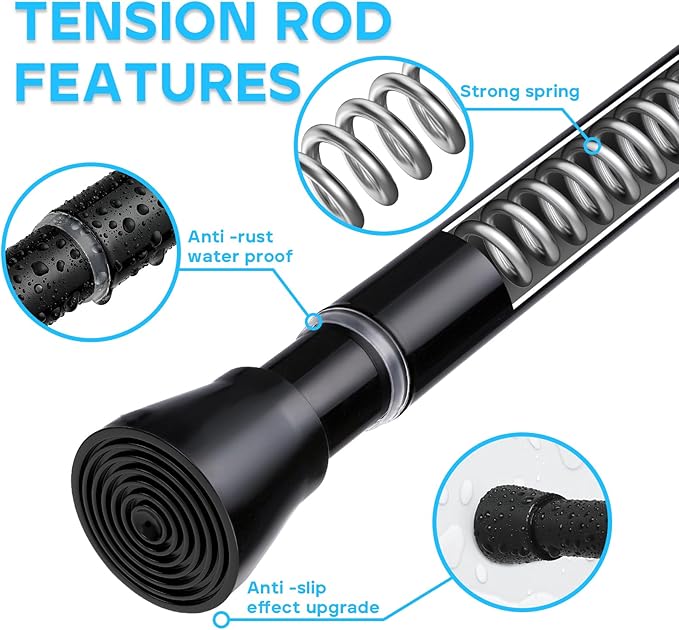 MEXAU Black Shower Curtain Rod 30 To 64 Inch Tension Shower Rod For Bathroom 7/8" Adjustable Spring Curtain Rod No Drilling Spring Curtain Rod Black Tension Tension Rods for Windows Doorway Closet