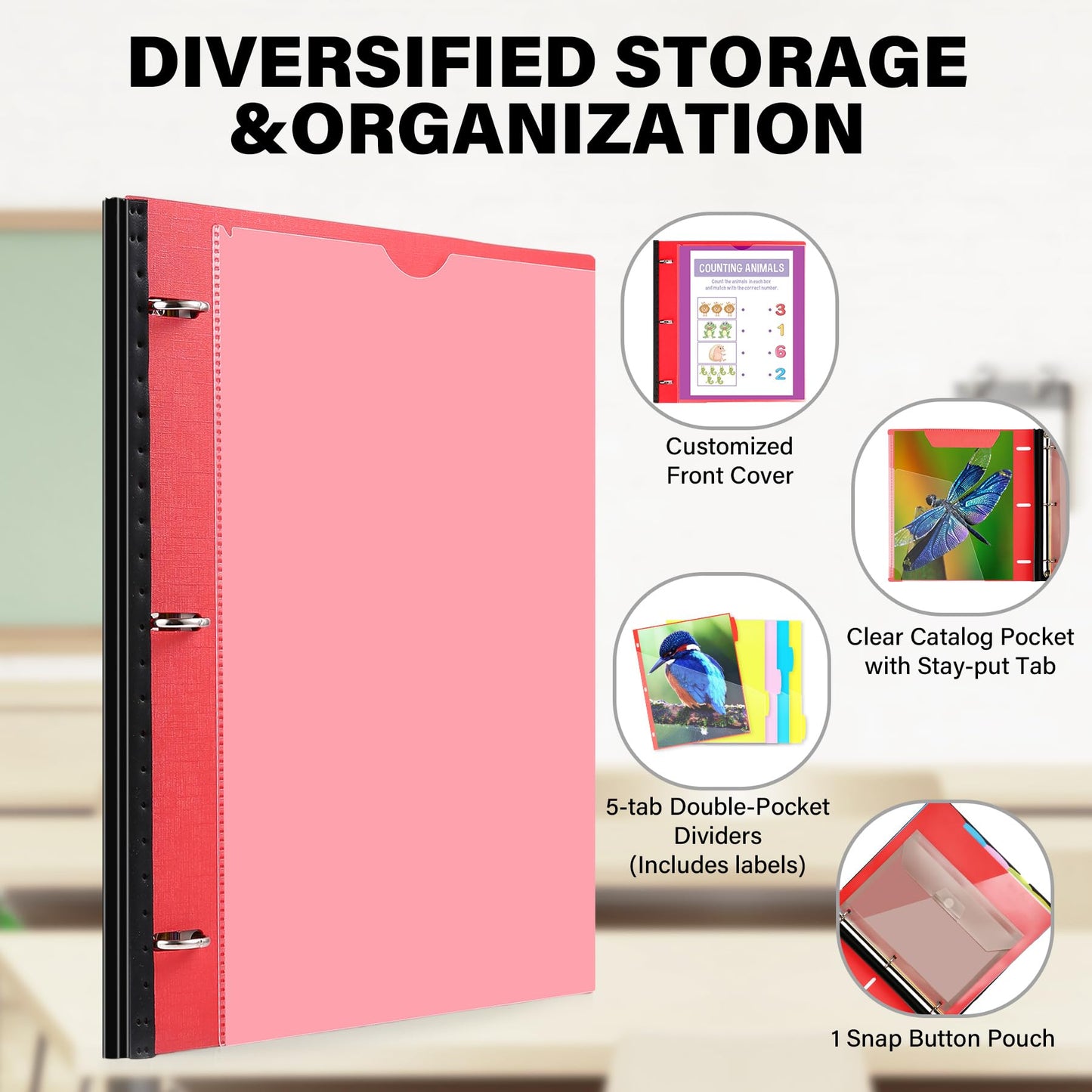 WOT I Telescoping Project Organizer, Refillable Binder with Dividers and Pockets, 13 Pocket Folders, 1 Inch 3 Ring Binder, Red
